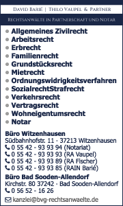 Banner zeigt Leistungen und Kontaktinformationen der Kanzlei im Arbeitsrecht in Witzenhausen, für Mandanten verständlich.