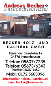 Werbebanner der Becker Holz- und Dachbau GmbH aus Immenhausen mit Kontaktdaten, Leistungsübersicht und Angeboten zur Dachsanierung in Kassel.