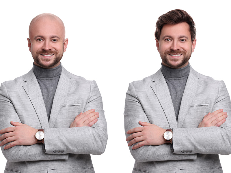 Mann mit Haarausfall vor und nach dem Tragen eines Toupets – sichtbare Verbesserung des Haarvolumens.