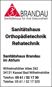 Banner von Sanitätshaus Brandau Kassel mit Kontaktdaten, Serviceinformationen und Überblick zu Hilfsmitteln und Sanitätshausleistungen.