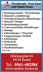 Banner der Physiotherapie-Praxis Jutta Minkler-Fischer in Kassel mit Leistungen wie Krankengymnastik, Schmerztherapie und Reha-Angeboten.