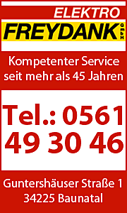 Banner der Elektro Freydank GmbH mit Kontaktinformationen in Baunatal