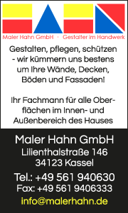 Banner der Maler Hahn GmbH Kassel mit Kontaktdaten und Leistungsübersicht für professionelle Maler- und Renovierungsarbeiten.