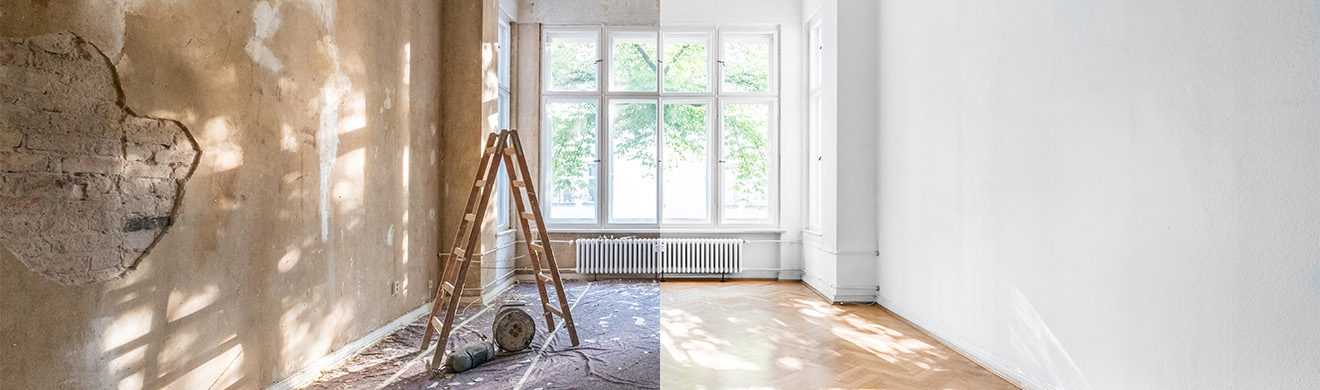 Leeres Zimmer vor und nach Wohnungsrenovierung in Kassel mit frischem Boden und frischer Wandfarbe.